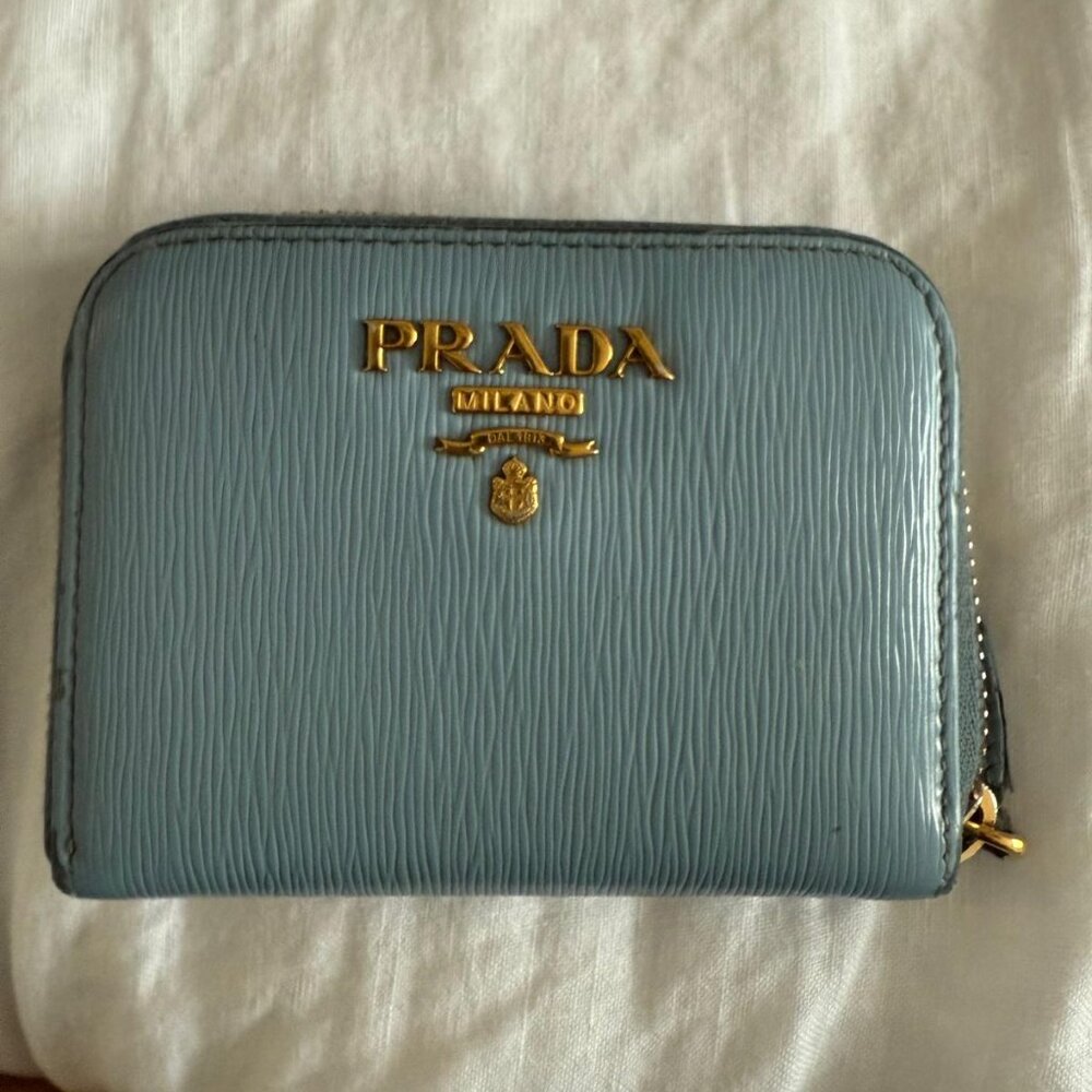 Blue Prada Compact Leather Zip Wallet